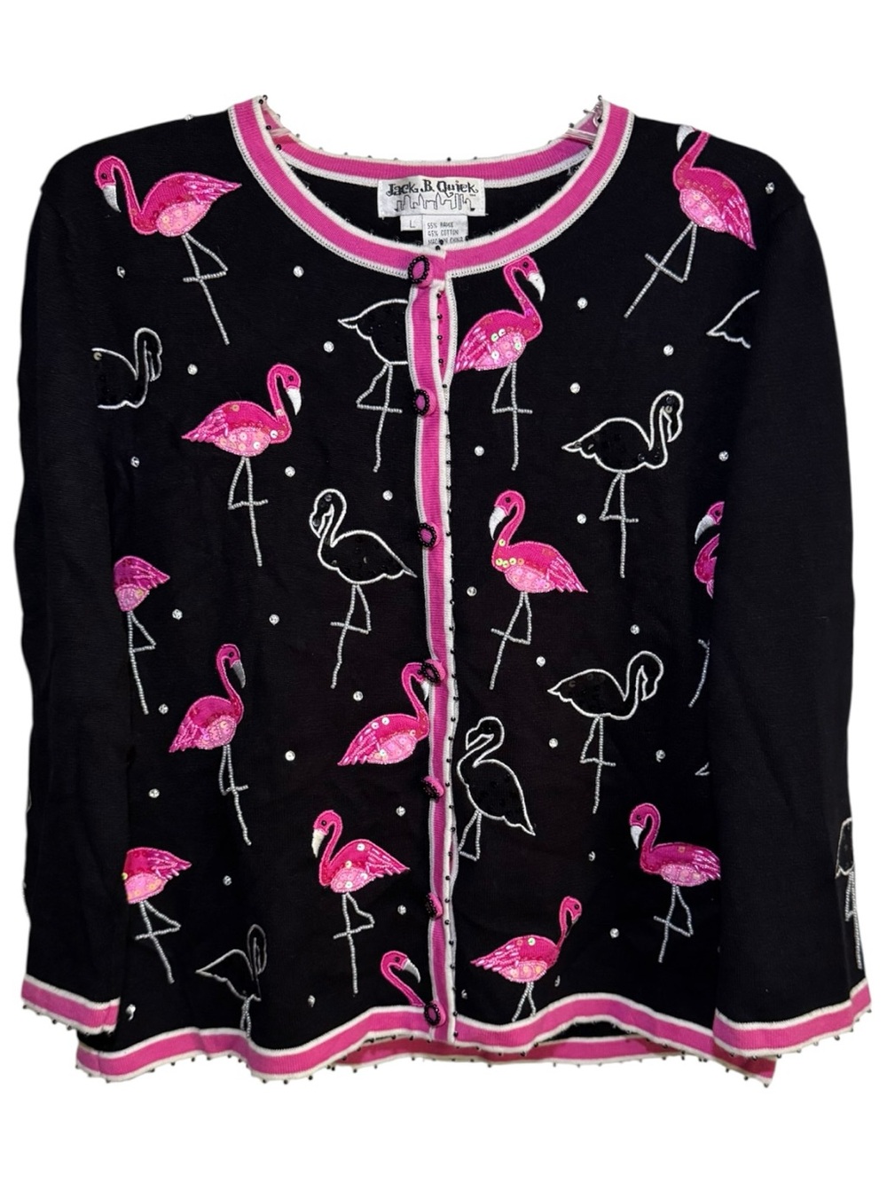 Jack B. Quick Flamingo Beaded Whimsical Lightweight Vintage Fall Cardigan